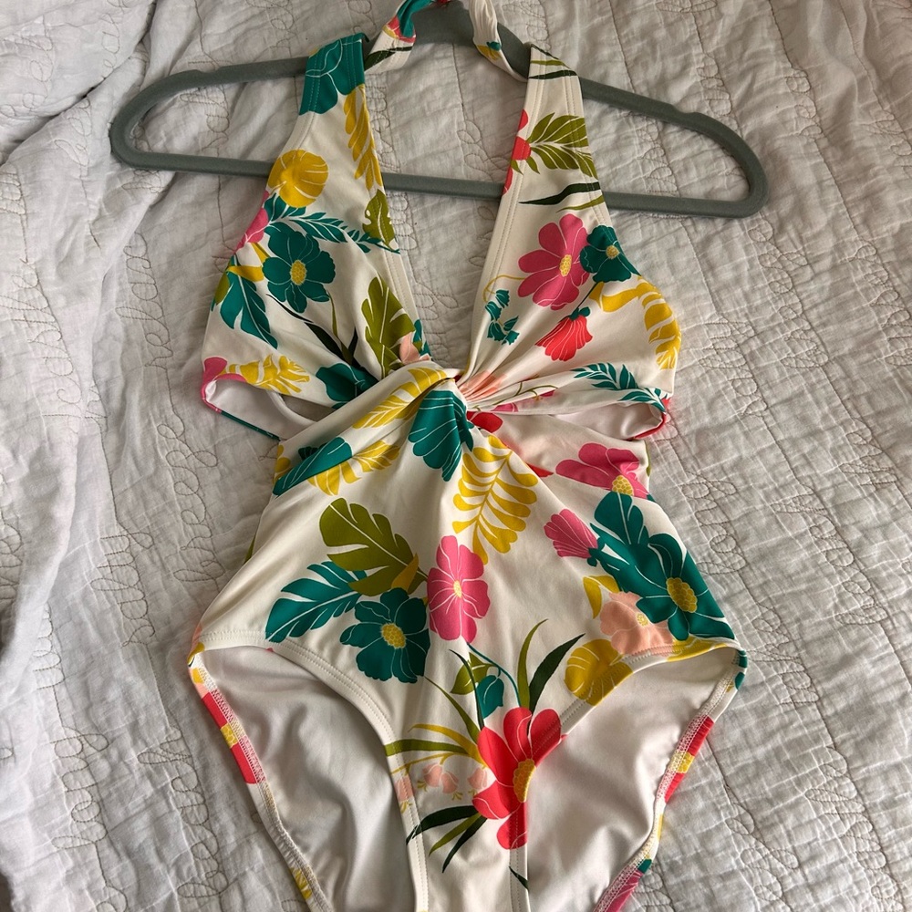 Floral Tie-Front One-Piece Swimsuit - Cream Base with Multicolor Flowers